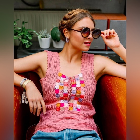 Vintage Handmade Granny Crochet Knit Button Corset Style Bustier Tank Top Vest - Picture 8 of 10